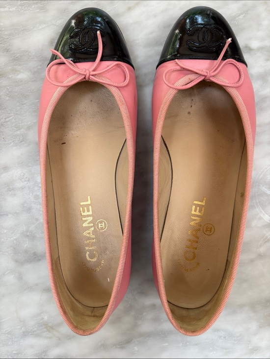 CHANEL Shoes - CHANEL Pink Leather Ballet Flats with Black Patent Cap Toe and Bow